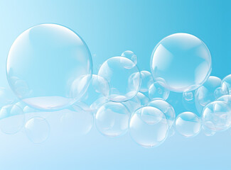 Wall Mural - Soaring bubbles on blue background. Abstract soap bubbles floating background.