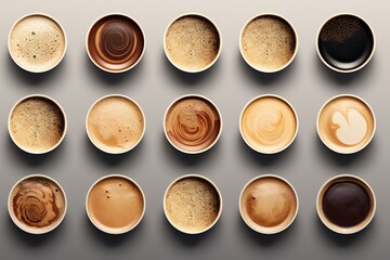 Buch of coffee cups with different kind of beverage and different latte art foam designs. Top view, close up, copy space, background.