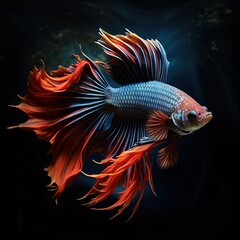 Wall Mural - Photo. of a colorful Red Crowntail Betta Fish on a dark