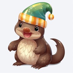 Wall Mural - Platypus with Santa hat isolate on white background