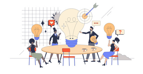 Wall Mural - Creative brainstorming and new idea generation retro tiny person concept, transparent background. Innovative business meeting with teamwork and partnership discussion illustration.