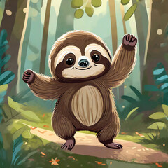 Wall Mural - Illustration of cute sloth dancing in the forest