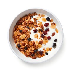 Bowl of granola with milk on white background, top view.