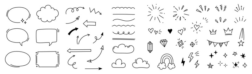Aufkleber - Hand drawn line cute star sparkle, heart, arrow elements. Doodle heart, arrow, star, sparkle decoration set icon. Simple sketch line style emphasis, attention, pattern elements. Vector illustration