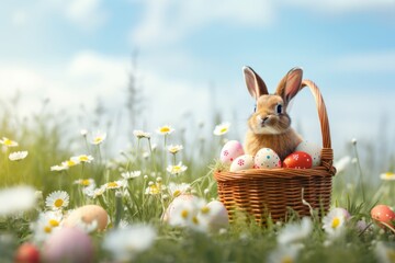 Wall Mural - Easter Bunny Rabbit and basket with Easter eggs in chamomile field. Bright sunny spring day.