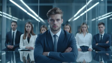 Wall Mural - Low angle wideshot young group of business people discuss meeting  in high rise interior office business casual ideas sharing strategy vision goal business ideas concept