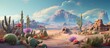 Fantasy desert scene featuring a diverse array of cacti and succulents, including a blooming desert rose in the front.