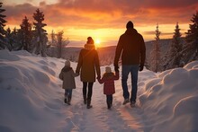Happy Family Father, Mother And Children Are Having Fun And Playing On Snowy Winter Walk In Nature. Comeliness