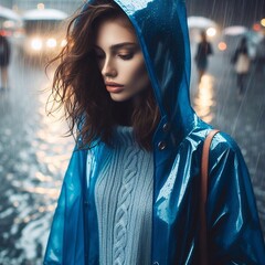 Wall Mural - Woman In Blue raincoat 