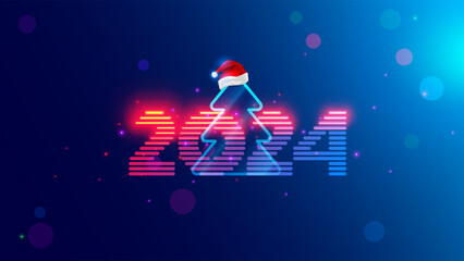 Wall Mural - 2024 new year. Christmas tree with digital number year in neon light. Celebration banner in computer cyberpunk technology style. Christmas party event poster in tech cyber decoration. 2024 on blue.