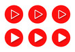 Play button icon vector in red circle. Streaming video symbol with shadow
