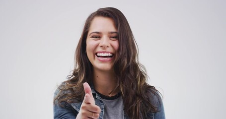 Poster - Portrait of happy woman with smile, pointing at you and choice for support, vote or opportunity in studio. Decision, yes or girl with hand gesture to show offer, promo or deal on white background