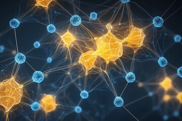 Wall Mural - Abstract geometric background. DNA with hexagons. Structure of human brain cells, DNA neurons glowing light blue and yellow colors. Medicine, technology, communication concept.