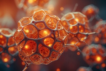 Wall Mural - Abstract geometric background. DNA with hexagons. Structure of human brain cells, DNA neurons glowing light blue and yellow colors. Medicine, technology, communication concept.