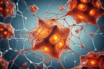 Wall Mural - Abstract geometric background. DNA with hexagons. Structure of human brain cells, DNA neurons glowing light blue and yellow colors. Medicine, technology, communication concept.