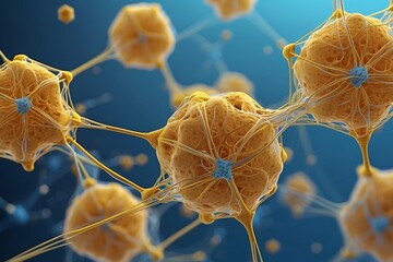 Wall Mural - Abstract geometric background. DNA with hexagons. Structure of human brain cells, DNA neurons glowing light blue and yellow colors. Medicine, technology, communication concept.
