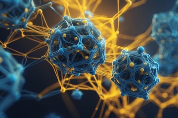 Wall Mural - Abstract geometric background. DNA with hexagons. Structure of human brain cells, DNA neurons glowing light blue and yellow colors. Medicine, technology, communication concept.