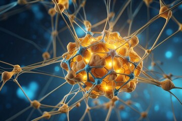 Wall Mural - Abstract geometric background. DNA with hexagons. Structure of human brain cells, DNA neurons glowing light blue and yellow colors. Medicine, technology, communication concept.