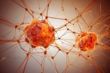 Wall Mural - Abstract geometric background. DNA with hexagons. Structure of human brain cells, DNA neurons glowing light blue and yellow colors. Medicine, technology, communication concept.
