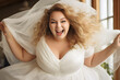 Confident blond curvy plus size bride in white wedding dress