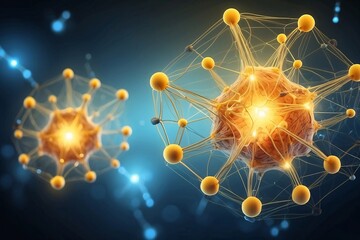 Wall Mural - Abstract geometric background. DNA with hexagons. Structure of human brain cells, DNA neurons glowing light blue and yellow colors. Medicine, technology, communication concept.