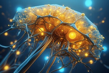 Wall Mural - Abstract geometric background. DNA with hexagons. Structure of human brain cells, DNA neurons glowing light blue and yellow colors. Medicine, technology, communication concept.