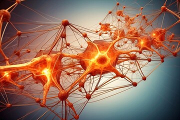 Wall Mural - Abstract geometric background. DNA with hexagons. Structure of human brain cells, DNA neurons glowing light blue and yellow colors. Medicine, technology, communication concept.