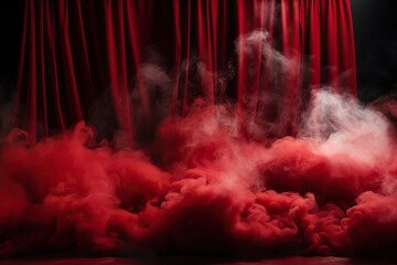 Wall Mural - Scene with a red curtain in a cloud of smoke and spotlight. Concept for performance, show, concert, theater. Generative AI