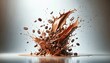 AI generated illustration of splash of coffee surrounded by scattered coffee beans
