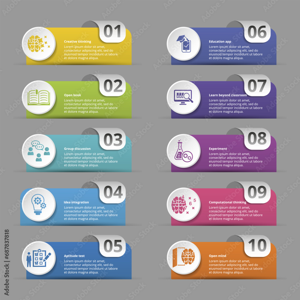 Infographics with Creative Learning theme icons, 10 steps. Such as ...