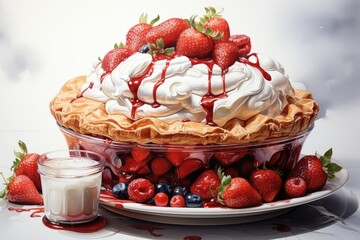 Wall Mural - Delicious berry pie with caramel on the plate on white background. AI Generated