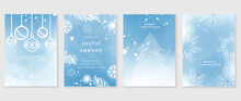 Elegant Christmas Blue Invitation Design Vector. Christmas Tree, Bauble Ball, Firework, Foliage, Snowflake Watercolor Texture On Light Blue Background. Design Illustration For Cover, Poster, Wallpaper