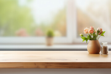 Wall Mural - Wooden table on blurred white kitchen background.