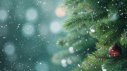 Close up green Christmas tree branches in snow background.