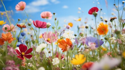 Sticker - Closed Up of vibrant wild flowers in a Field background.