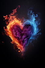 Blazing Neon Colored Heart, Love Or Passion Concept. Isolated On Black Background
