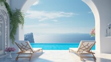 Two Deck Chairs On Terrace With Pool With Stunning Sea View. Traditional Mediterranean White Architecture With Arch. Summer Vacation Concept