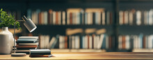 Modern Desk Setup With Lamp And Books Against A Blurred Library Backdrop. Education And Reading Concept. 3D Rendering