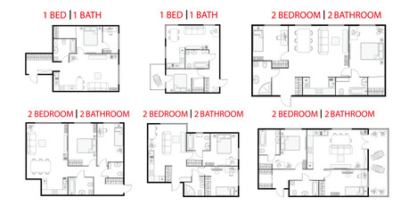 Plan floor apartments set. Studio, condominium, flat, house. One, two bedroom apartment. Interior design elements bedroom, bathroom with symbols furniture. Vector architecture 2D floor plan.