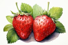 Hand Drawn Watercolor Strawberries Isolated On White. AI Generated