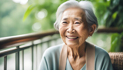 Wall Mural - Happy elderly woman sitting on her balcony