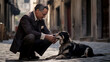 A man in a suit touches a stray dog on the street