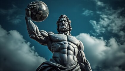 Atlas. Statue of Greek god supporting the weight of the world. Atlas statue with blue sky