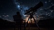 Man sitting outside and looking through a big telescope at the night sky full of stars.