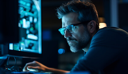 Smart busy young business man software developer engineer programmer wearing eyeglasses looking at computer. Coder working with ai software development solutions. Code glasses reflections. Copy space.