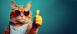 red cat wearing glasses and overalls shows thumbs up on a blue background. copy space