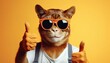 Tiger in orange glasses and a white T-shirt shows two thumbs up on yellow background