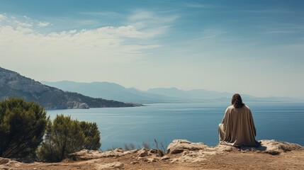 Jesus in robe sitting on stone shore strewn with bushes by sea looking at landscape. Jesus Christ walking near sea. Jesus Christ calmly walking near sea searching for asks for important questions