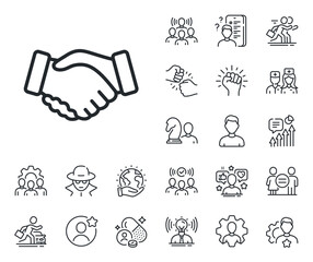 Wall Mural - Hand gesture sign. Specialist, doctor and job competition outline icons. Handshake line icon. Business deal palm symbol. Handshake line sign. Avatar placeholder, spy headshot icon. Vector