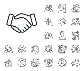 Sticker - Hand gesture sign. Specialist, doctor and job competition outline icons. Handshake line icon. Business deal palm symbol. Handshake line sign. Avatar placeholder, spy headshot icon. Vector